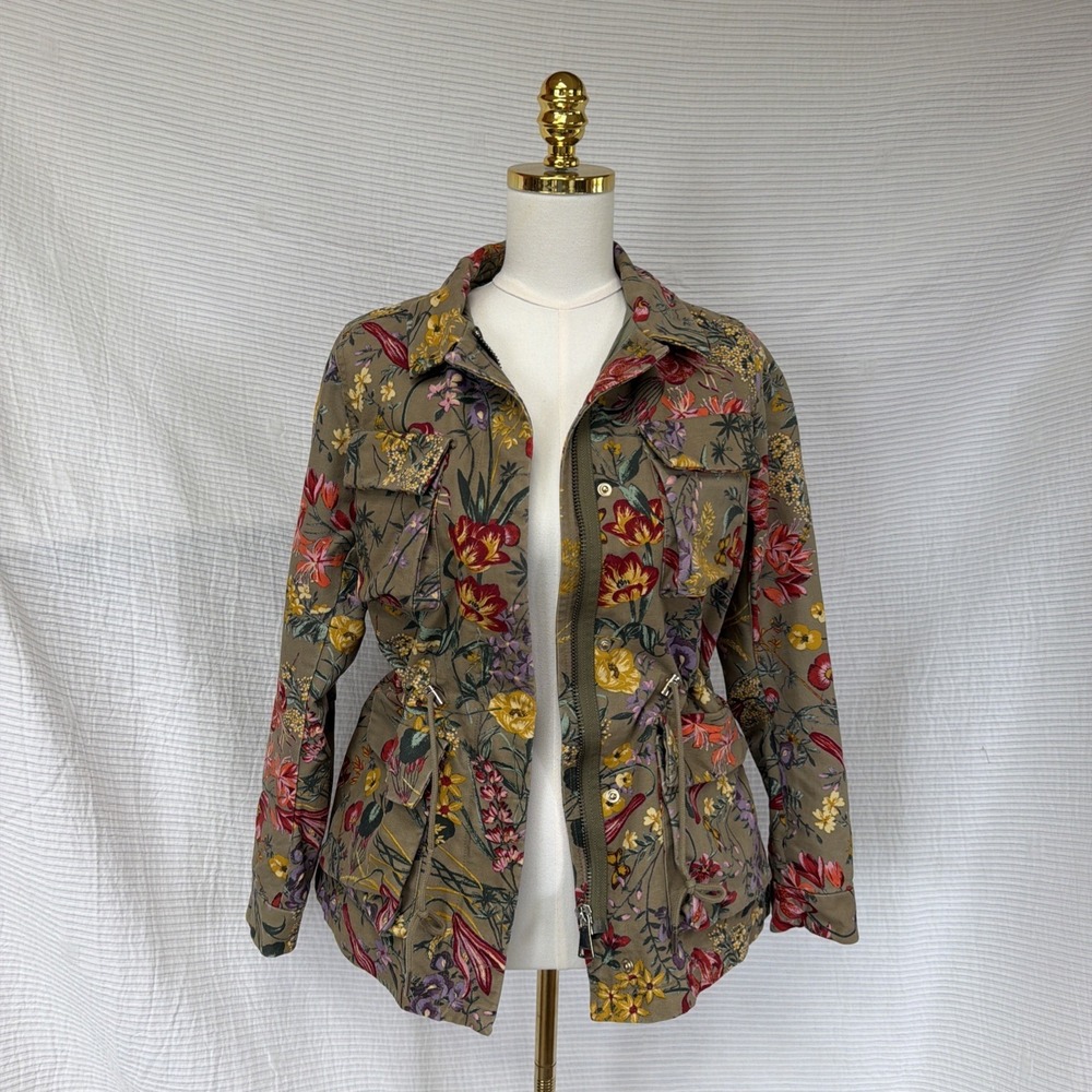 Heavy Duty Floral Utility Woman Jacket Size S Full Zip Lined Olive Green Thick